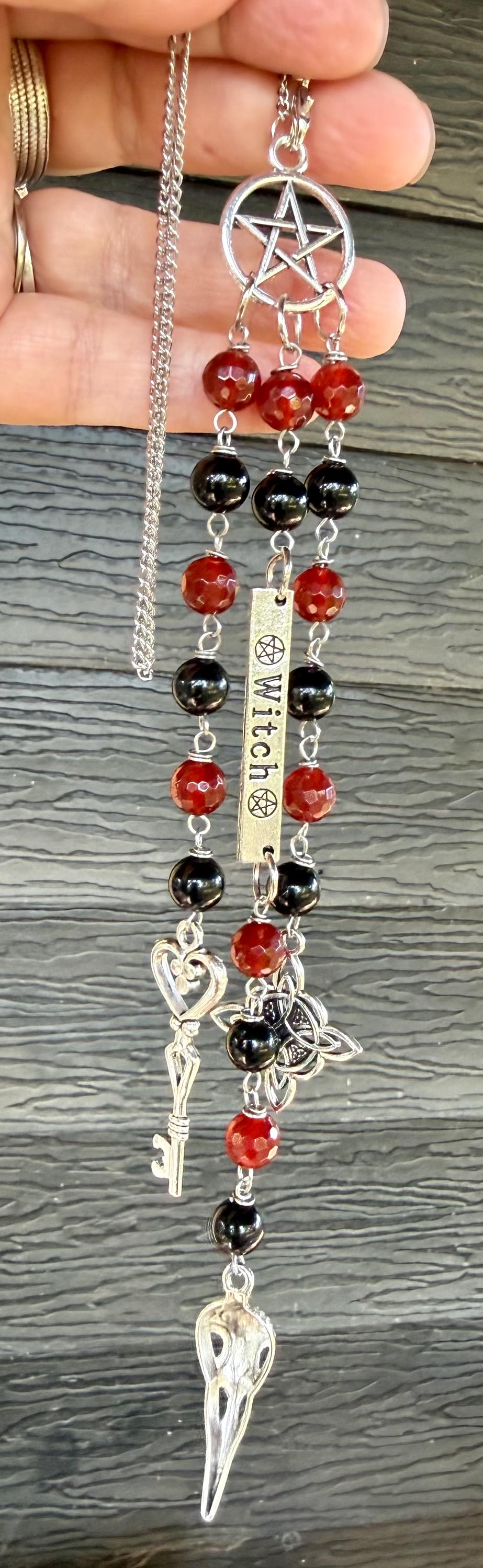 Witchy Car Charm Accessory:  Carnelian, Black Tourmaline Beads with Crow Skull, Witch’s Knot, and Key Charms.