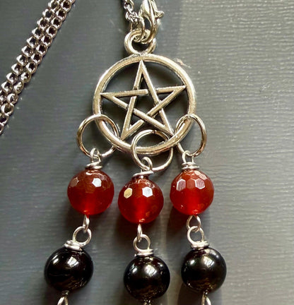 Witchy Car Charm Accessory:  Carnelian, Black Tourmaline Beads with Crow Skull, Witch’s Knot, and Key Charms.
