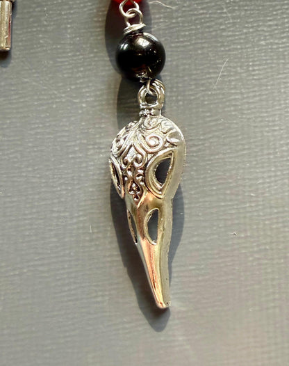 Witchy Car Charm Accessory:  Carnelian, Black Tourmaline Beads with Crow Skull, Witch’s Knot, and Key Charms.