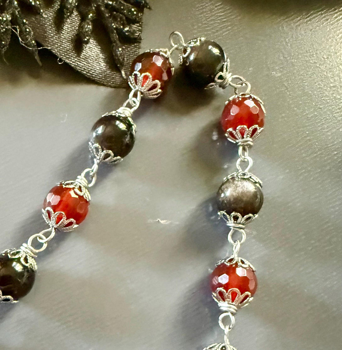 Goddess Lilith Sigil Devotional Prayer Beads:  Carnelian, Obsidian Gemstones with Owl and Snake Charm.