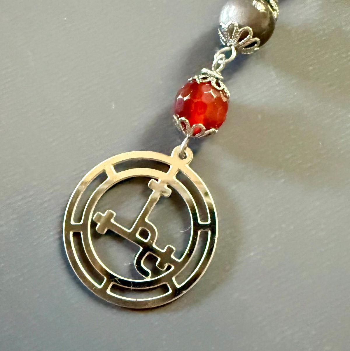 Goddess Lilith Sigil Devotional Prayer Beads:  Carnelian, Obsidian Gemstones with Owl and Snake Charm.