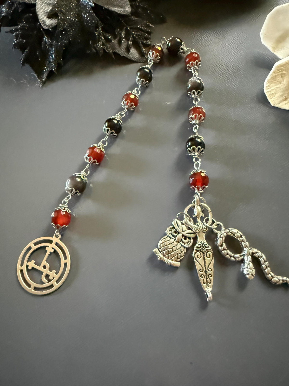 Goddess Lilith Sigil Devotional Prayer Beads:  Carnelian, Obsidian Gemstones with Owl and Snake Charm.