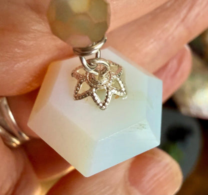 Opalite Handmade Pendulum with Crystal Glass Beads and Witch’s Knot Charm.
