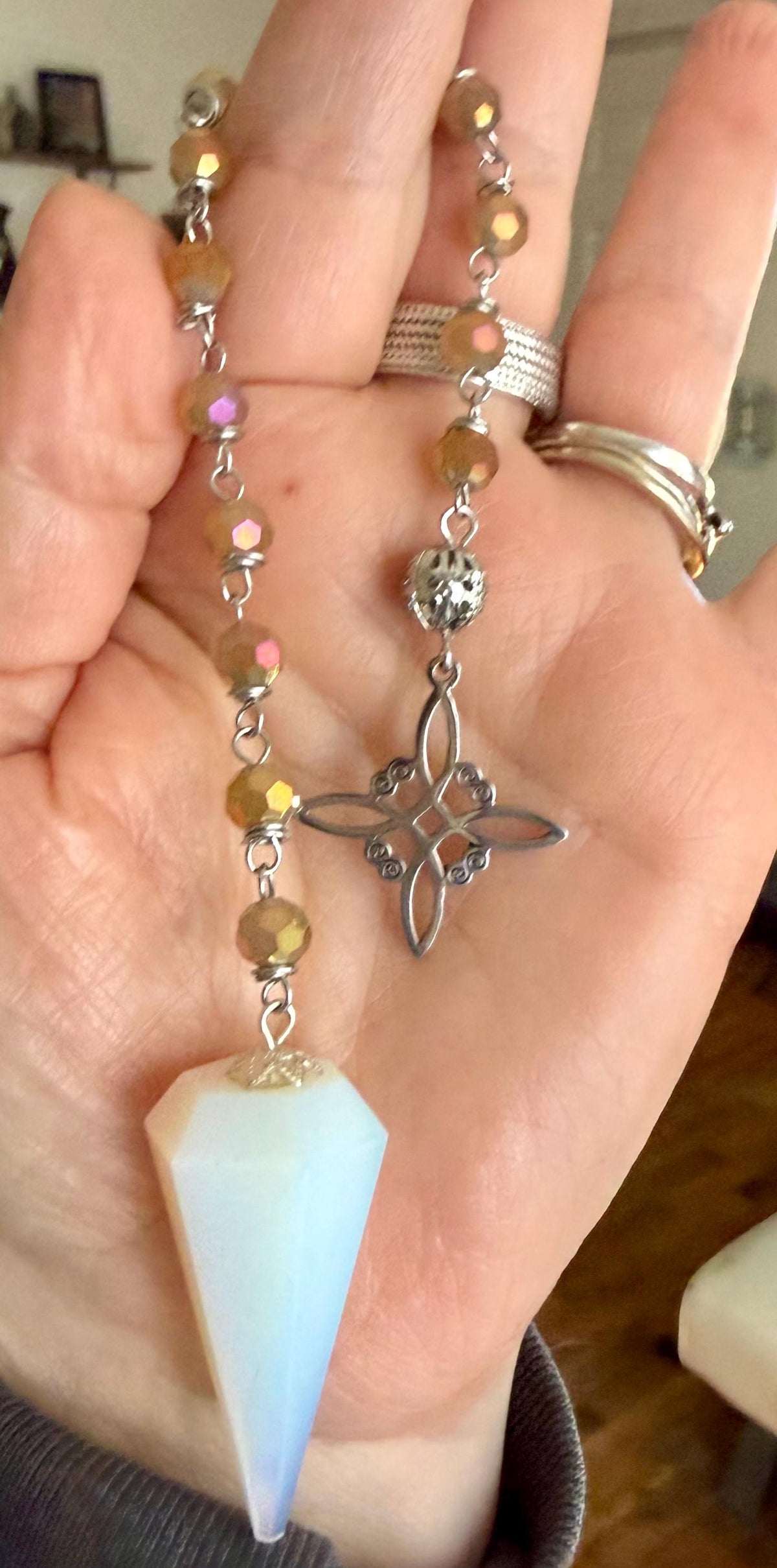 Opalite Handmade Pendulum with Crystal Glass Beads and Witch’s Knot Charm.