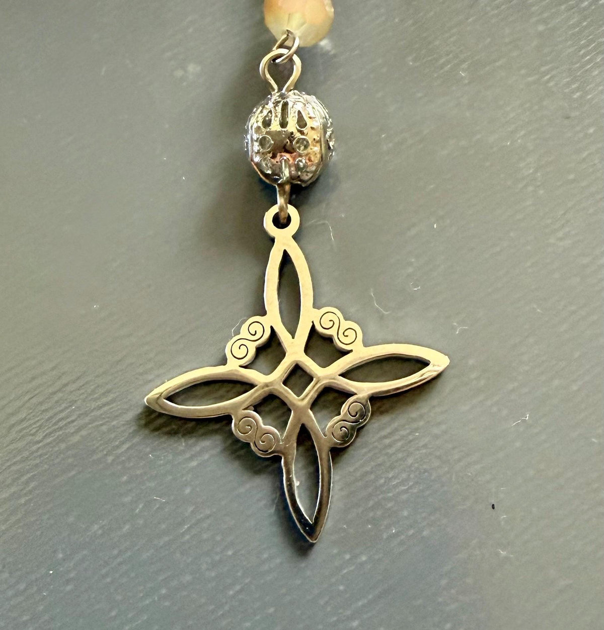 Opalite Handmade Pendulum with Crystal Glass Beads and Witch’s Knot Charm.