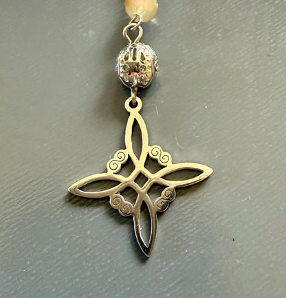 Opalite Handmade Pendulum with Crystal Glass Beads and Witch’s Knot Charm.