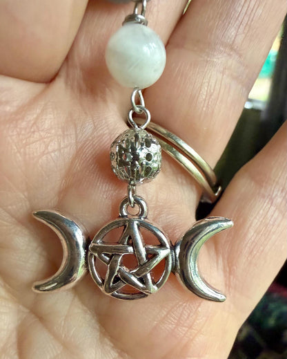 Labradorite and Moonstone Beaded Pendulum with Triple Moon Charm.