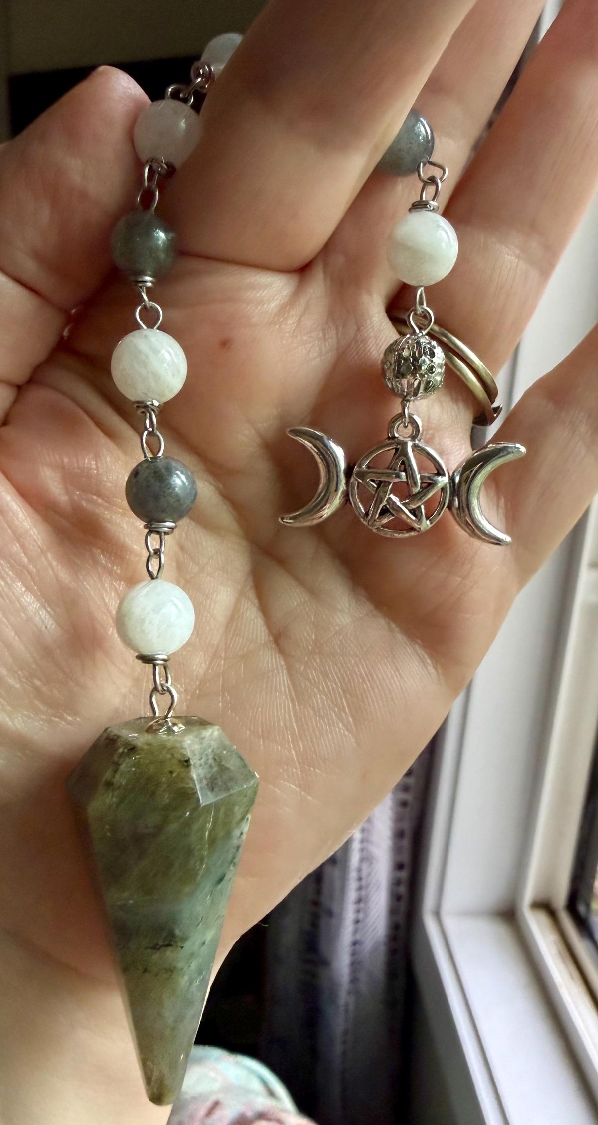 Labradorite and Moonstone Beaded Pendulum with Triple Moon Charm.