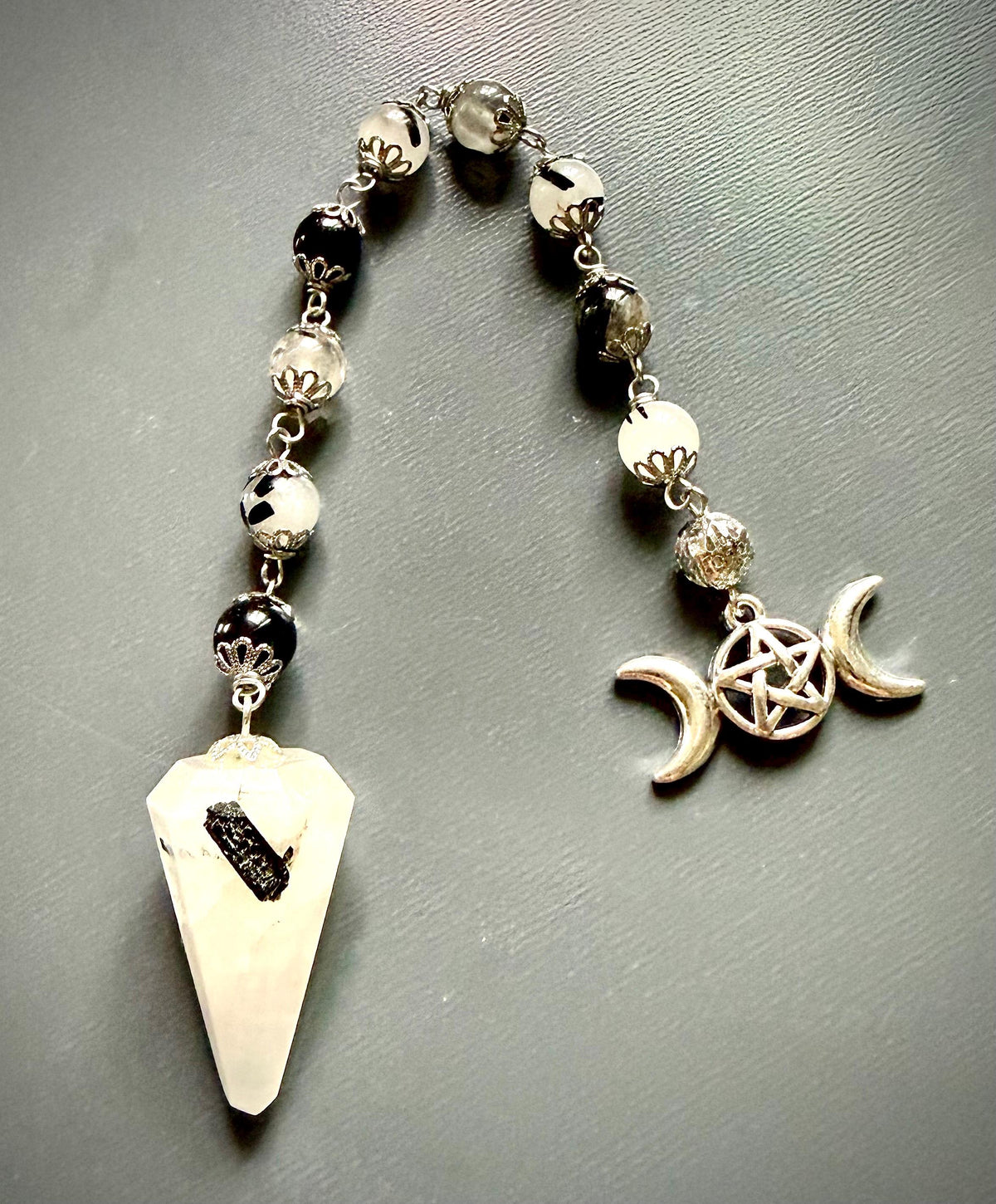 Handmade Tourmalated Quartz Pendulum with Triple Moon Charm.