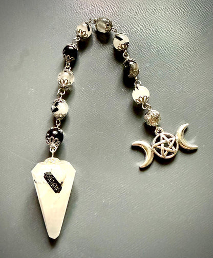 Handmade Tourmalated Quartz Pendulum with Triple Moon Charm.