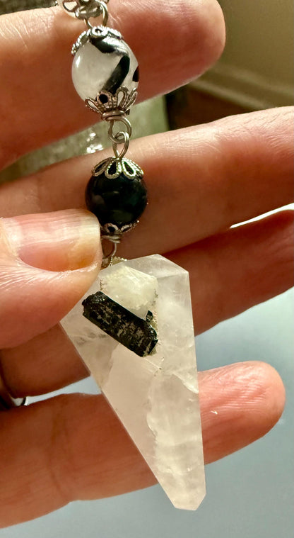 Handmade Tourmalated Quartz Pendulum with Triple Moon Charm.