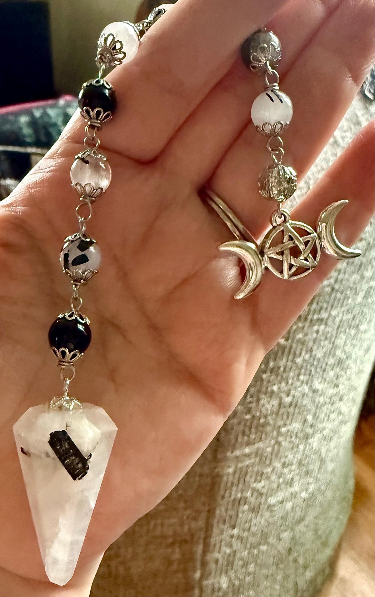 Handmade Tourmalated Quartz Pendulum with Triple Moon Charm.