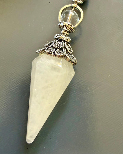 Handmade Quartz Pendulum with Moonstone and Obsidian Beads.
