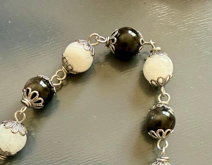 Handmade Quartz Pendulum with Moonstone and Obsidian Beads.