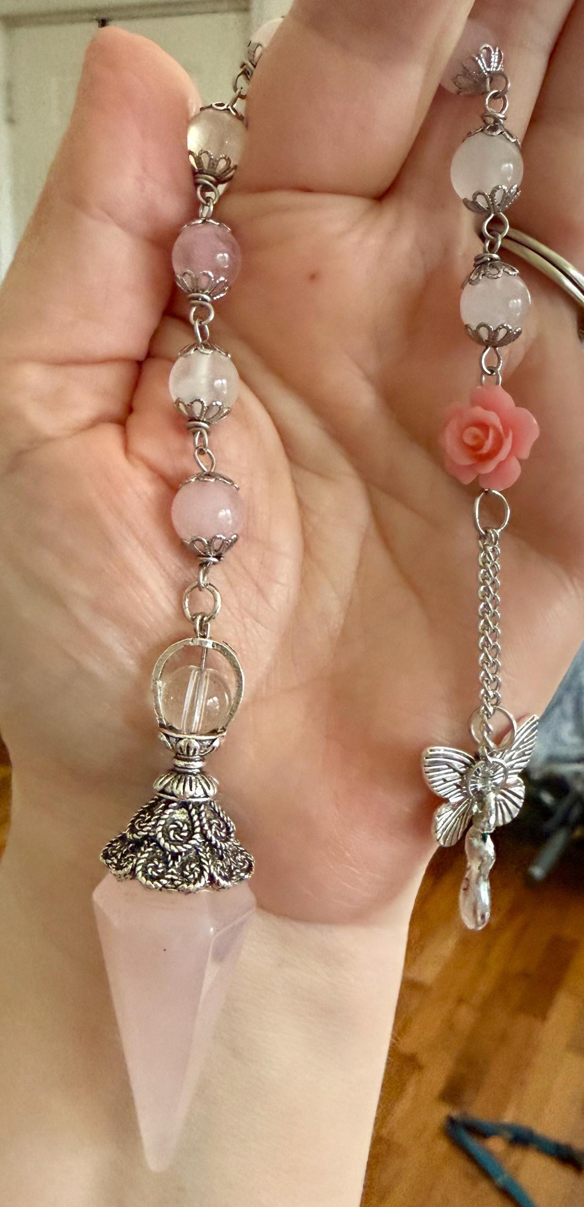 Handmade Rose Quartz Point Pendulum with Selenite Beads, Rose Butterfly Charms (10&amp;quot; Length)