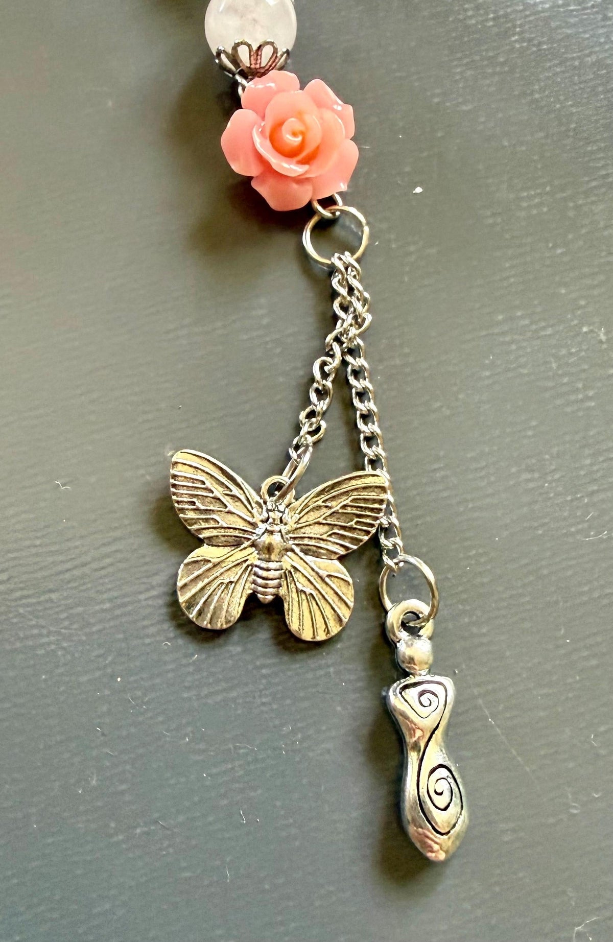 Handmade Rose Quartz Point Pendulum with Selenite Beads, Rose Butterfly Charms (10&amp;quot; Length)