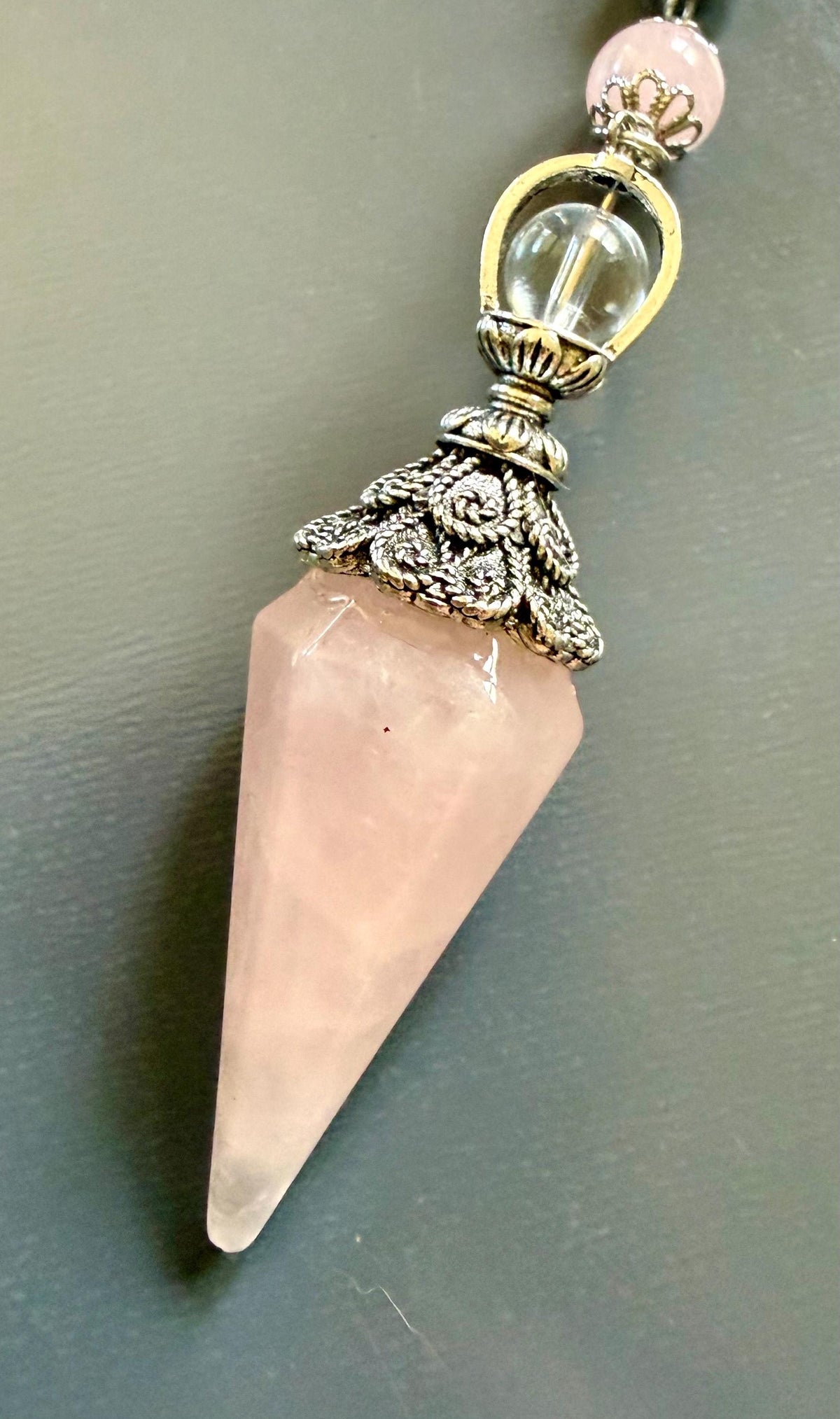 Handmade Rose Quartz Point Pendulum with Selenite Beads, Rose Butterfly Charms (10&amp;quot; Length)