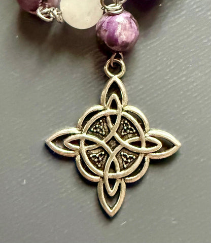 Witch’s Rosary with Golden Lepidolite and Selenite Gemstones.