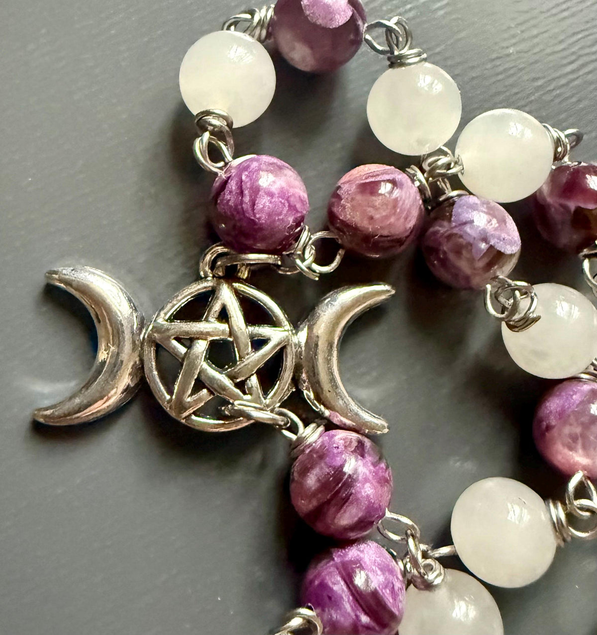 Witch’s Rosary with Golden Lepidolite and Selenite Gemstones.