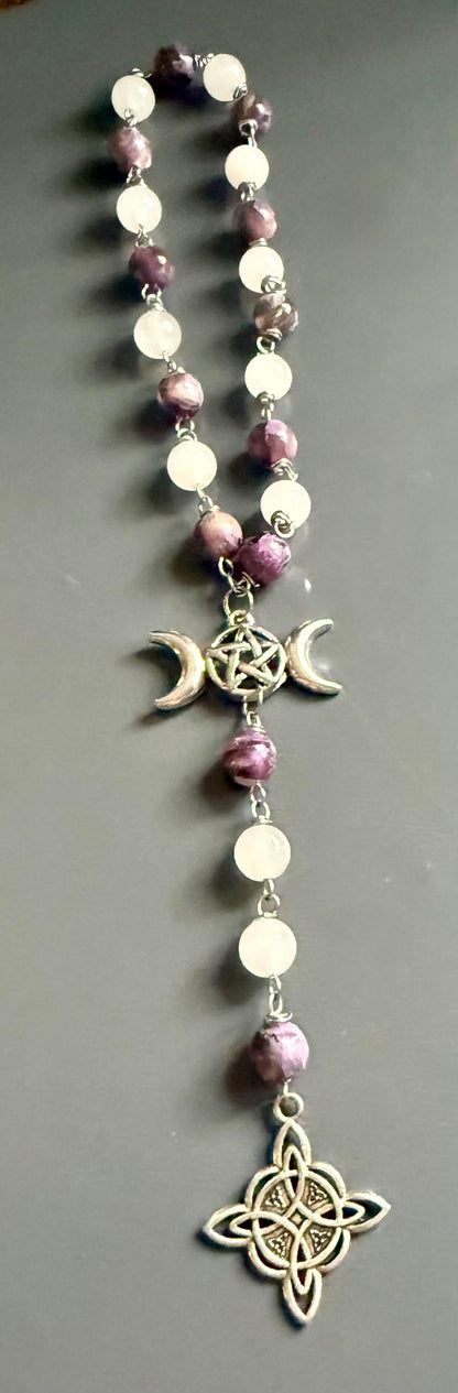 Witch’s Rosary with Golden Lepidolite and Selenite Gemstones.