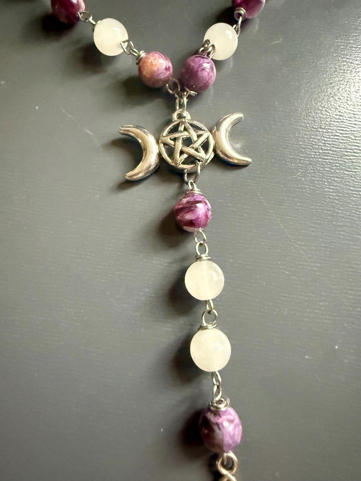 Witch’s Rosary with Golden Lepidolite and Selenite Gemstones.