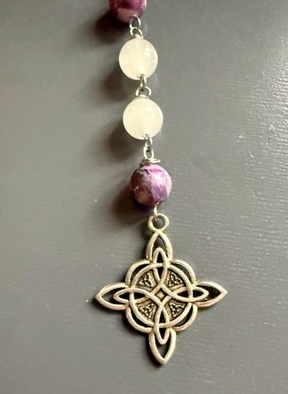 Witch’s Rosary with Golden Lepidolite and Selenite Gemstones.