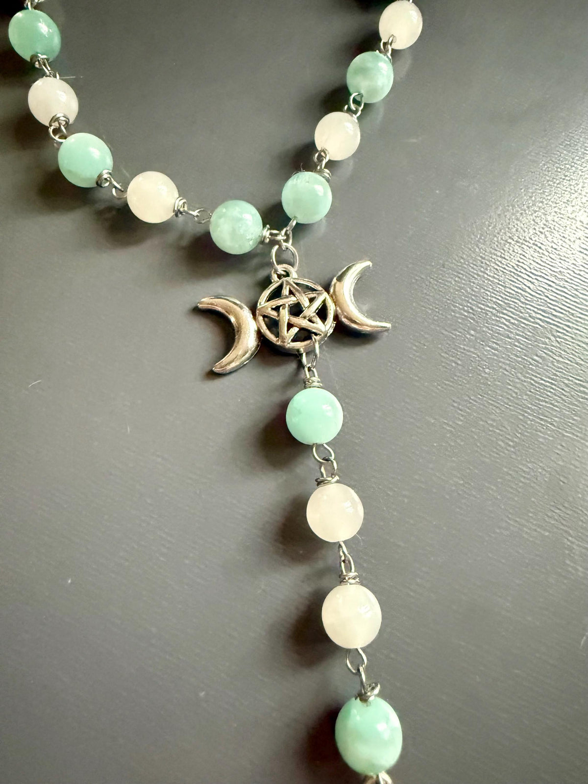 Witch’s Rosary with Angelite and Selenite Gemstones.