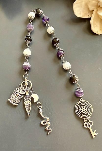 Wheel of Hekate Strophalos Devotional Prayer Beads:  Amethyst, Obsidian, and Moonstone.