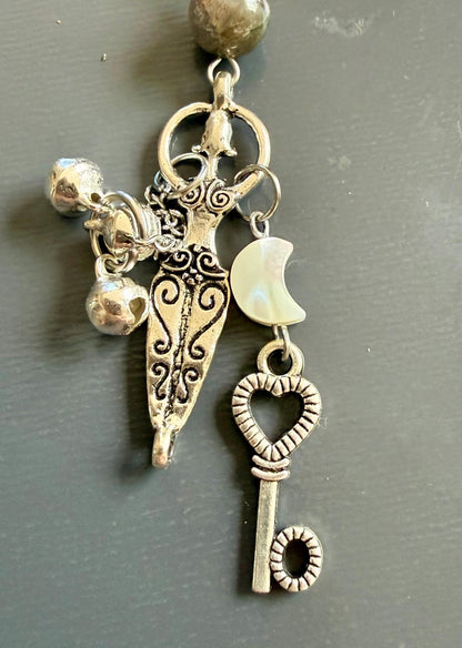 Labradorite Moonstone Pagan or Witchcraft Prayer Beads:  Witches Knot, Goddess, and Moon Charm.