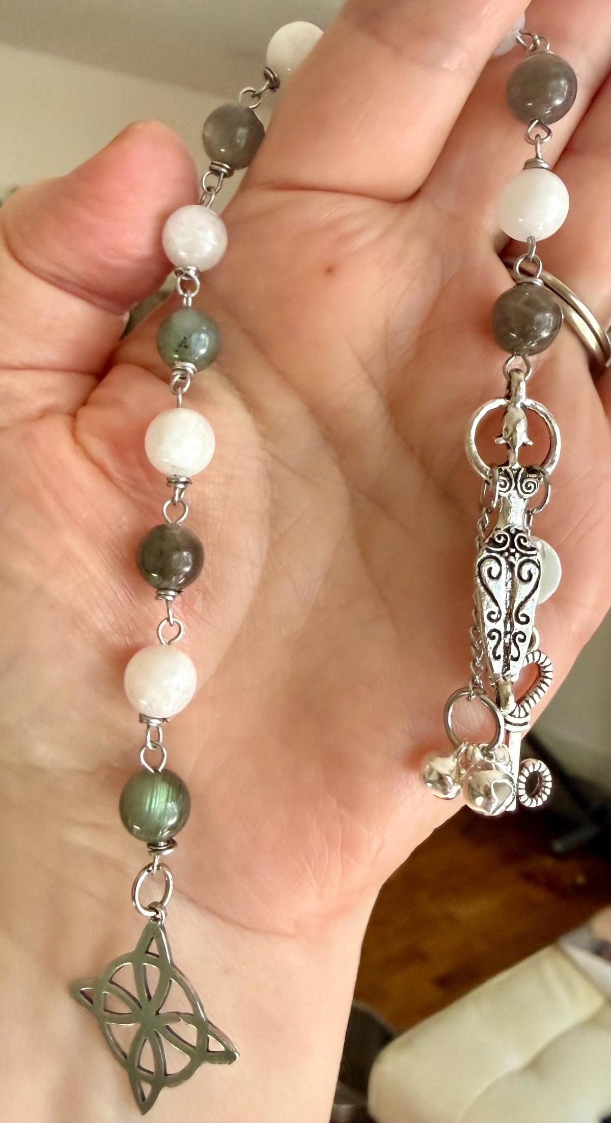 Labradorite Moonstone Pagan or Witchcraft Prayer Beads:  Witches Knot, Goddess, and Moon Charm.