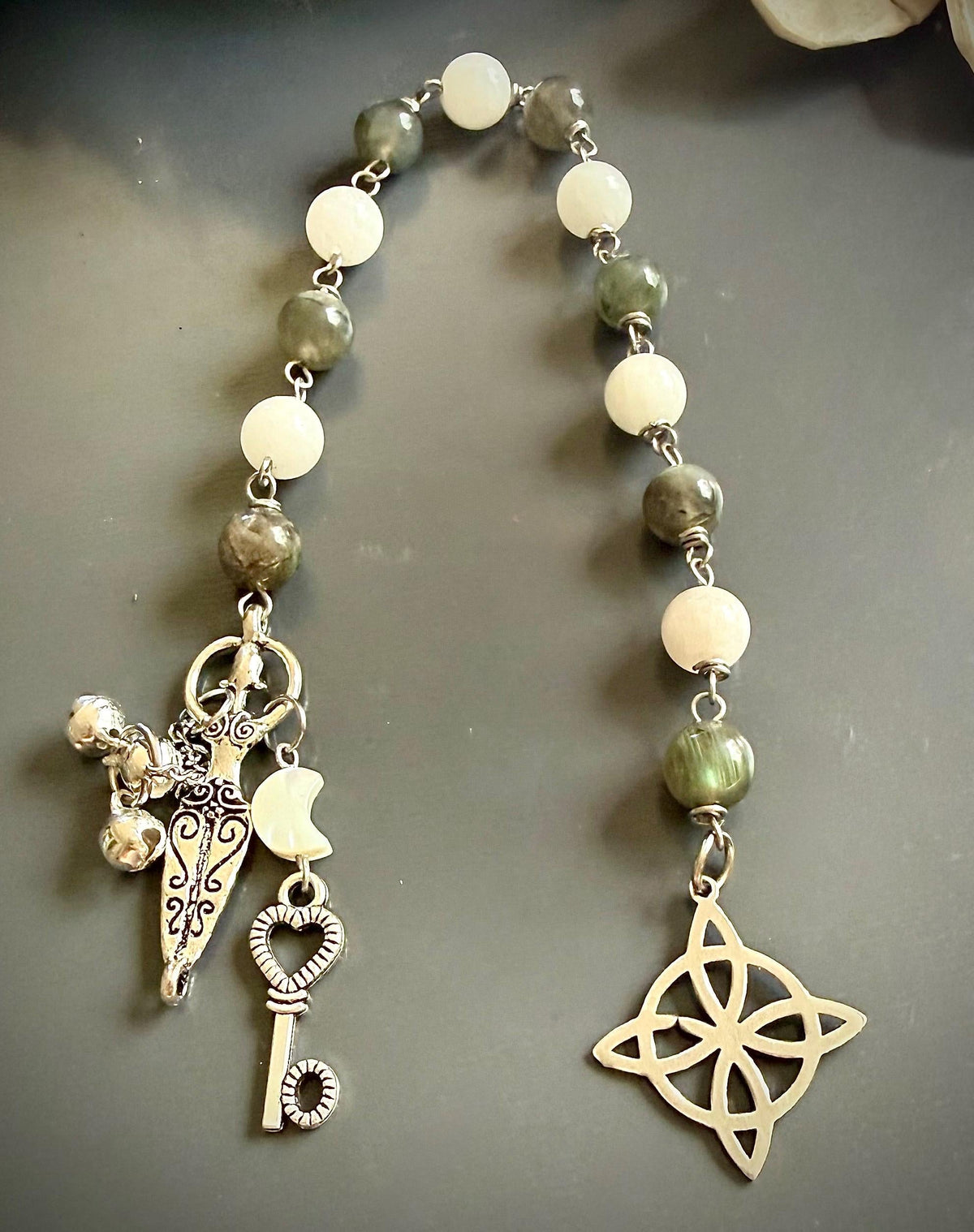 Labradorite Moonstone Pagan or Witchcraft Prayer Beads:  Witches Knot, Goddess, and Moon Charm.
