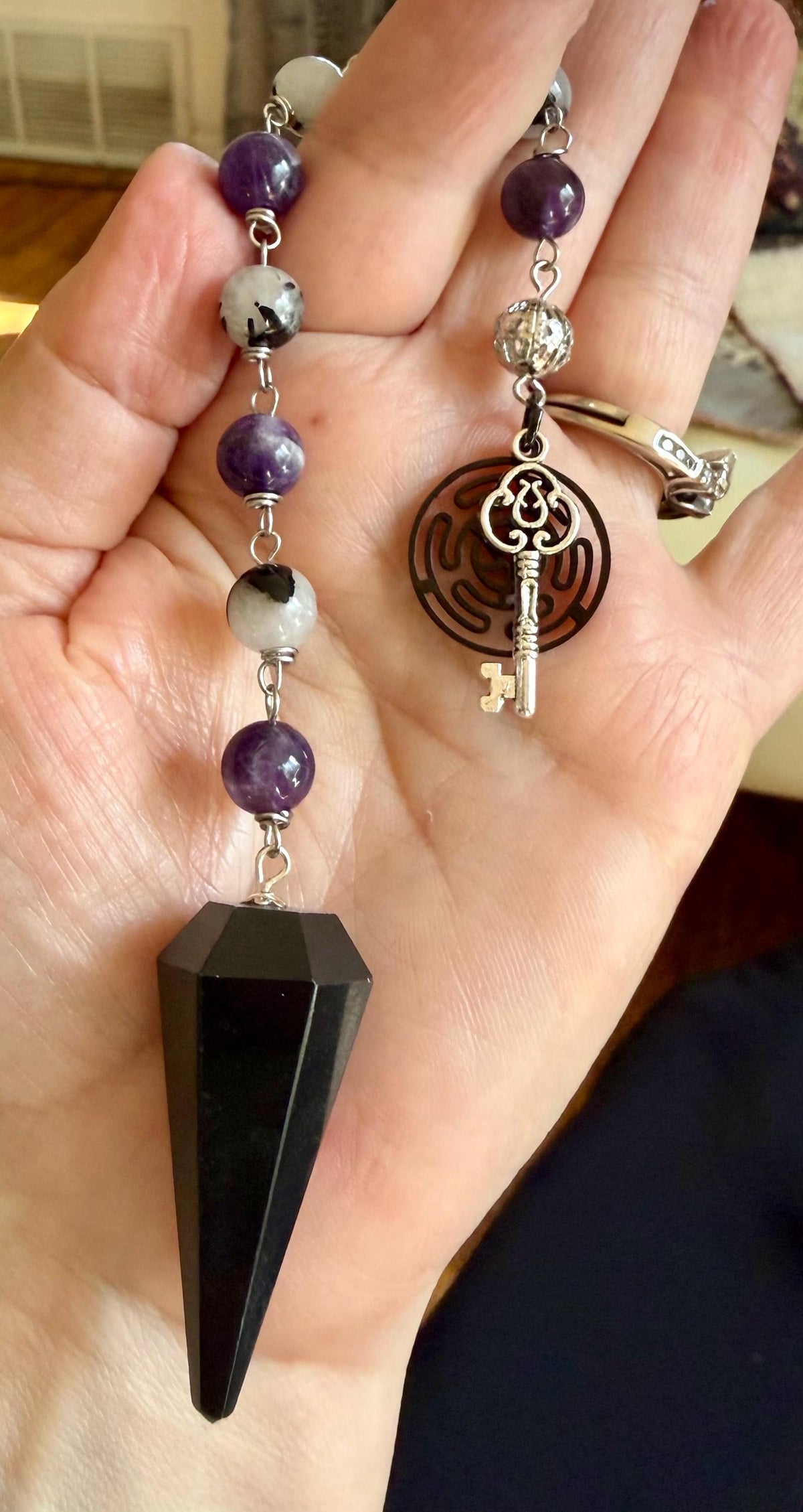 Goddess Hekate Devotional Altar Bundle with Altar Cloth, Witch’s Rosary, Pendulum , Black, and Purple Taper Candles.