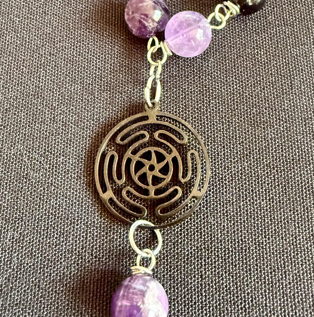 Goddess Hekate Devotional Altar Bundle with Altar Cloth, Witch’s Rosary, Pendulum , Black, and Purple Taper Candles.