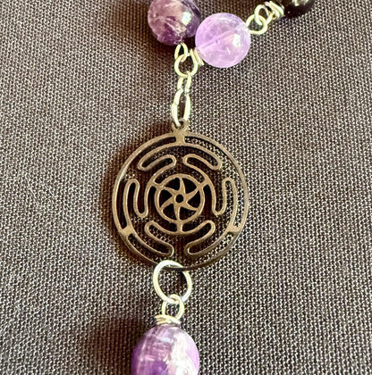 Goddess Hekate Devotional Altar Bundle with Altar Cloth, Witch’s Rosary, Pendulum , Black, and Purple Taper Candles.