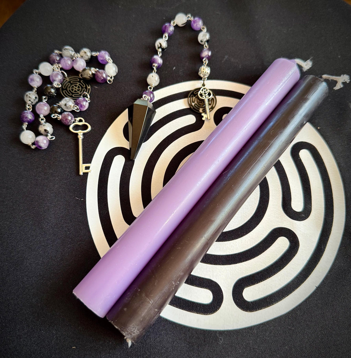 Goddess Hekate Devotional Altar Bundle with Altar Cloth, Witch’s Rosary, Pendulum , Black, and Purple Taper Candles.
