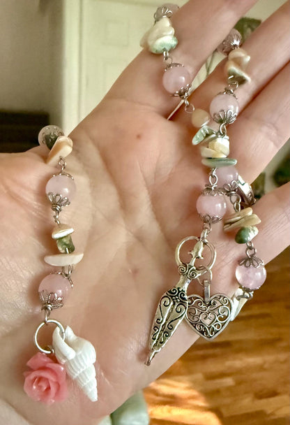 Goddess Aphrodite Devotional Prayer Beads with Rose Quartz, Seashells, Heart, and Goddess Charm.