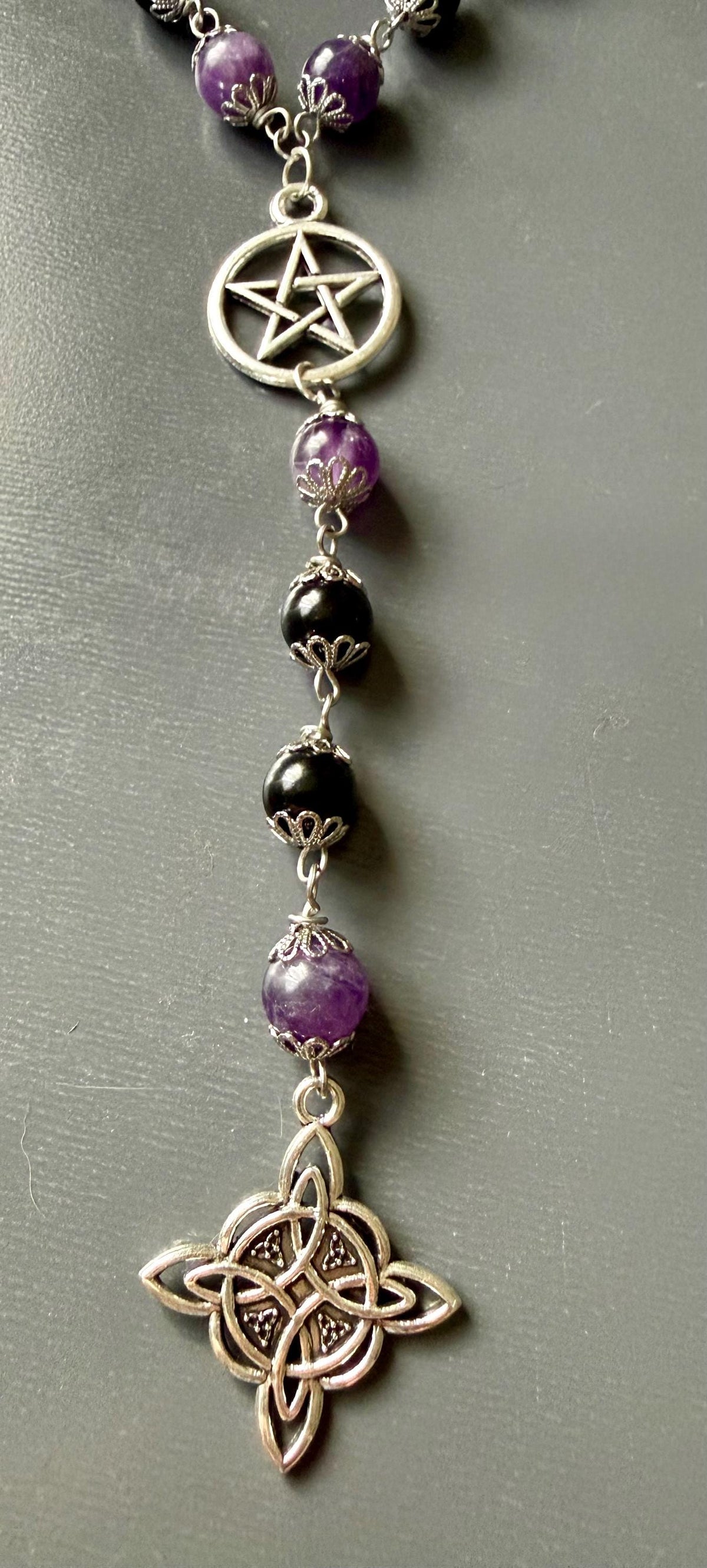 Witch’s Knot Rosary with Amethyst and Tourmaline Gemstones.