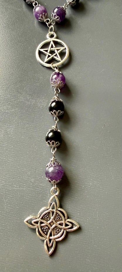 Witch’s Knot Rosary with Amethyst and Tourmaline Gemstones.