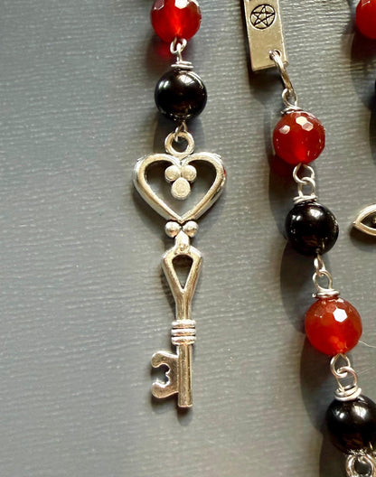 Witchy Car Charm Accessory:  Carnelian, Black Tourmaline Beads with Crow Skull, Witch’s Knot, and Key Charms.