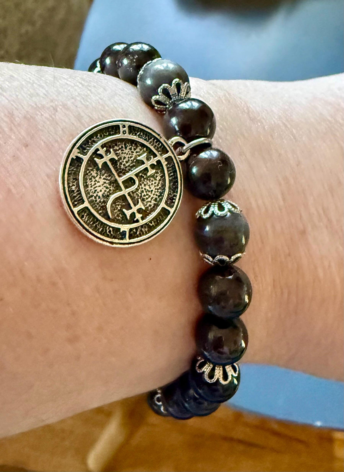 Goddess Lilith Sigil Charm Bracelet: Garnet and Black Obsidian Gemstones.