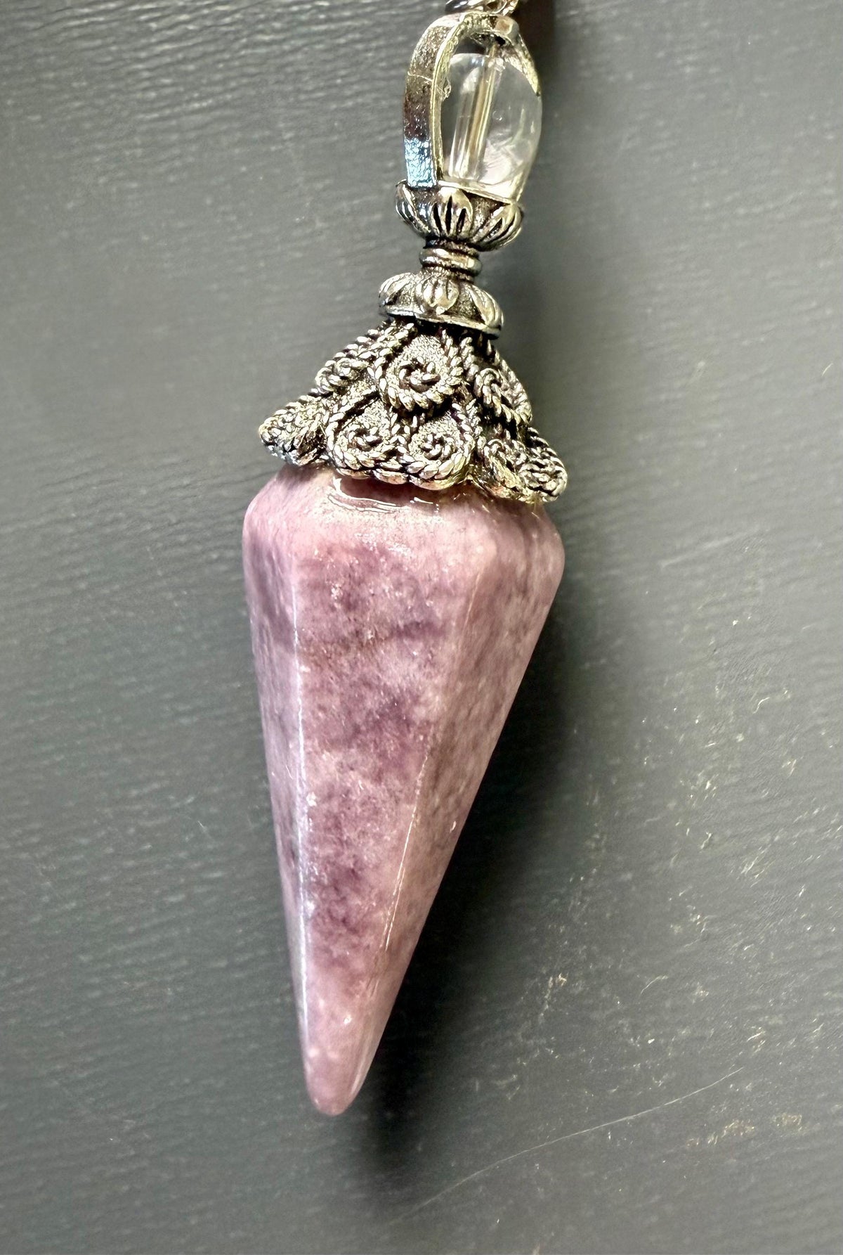 Handmade Lepidolite Point Pendulum with Strawberry Quartz and Moonstone Beads.
