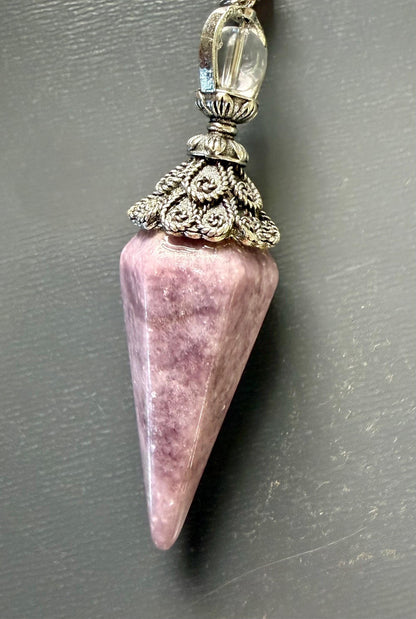 Handmade Lepidolite Point Pendulum with Strawberry Quartz and Moonstone Beads.