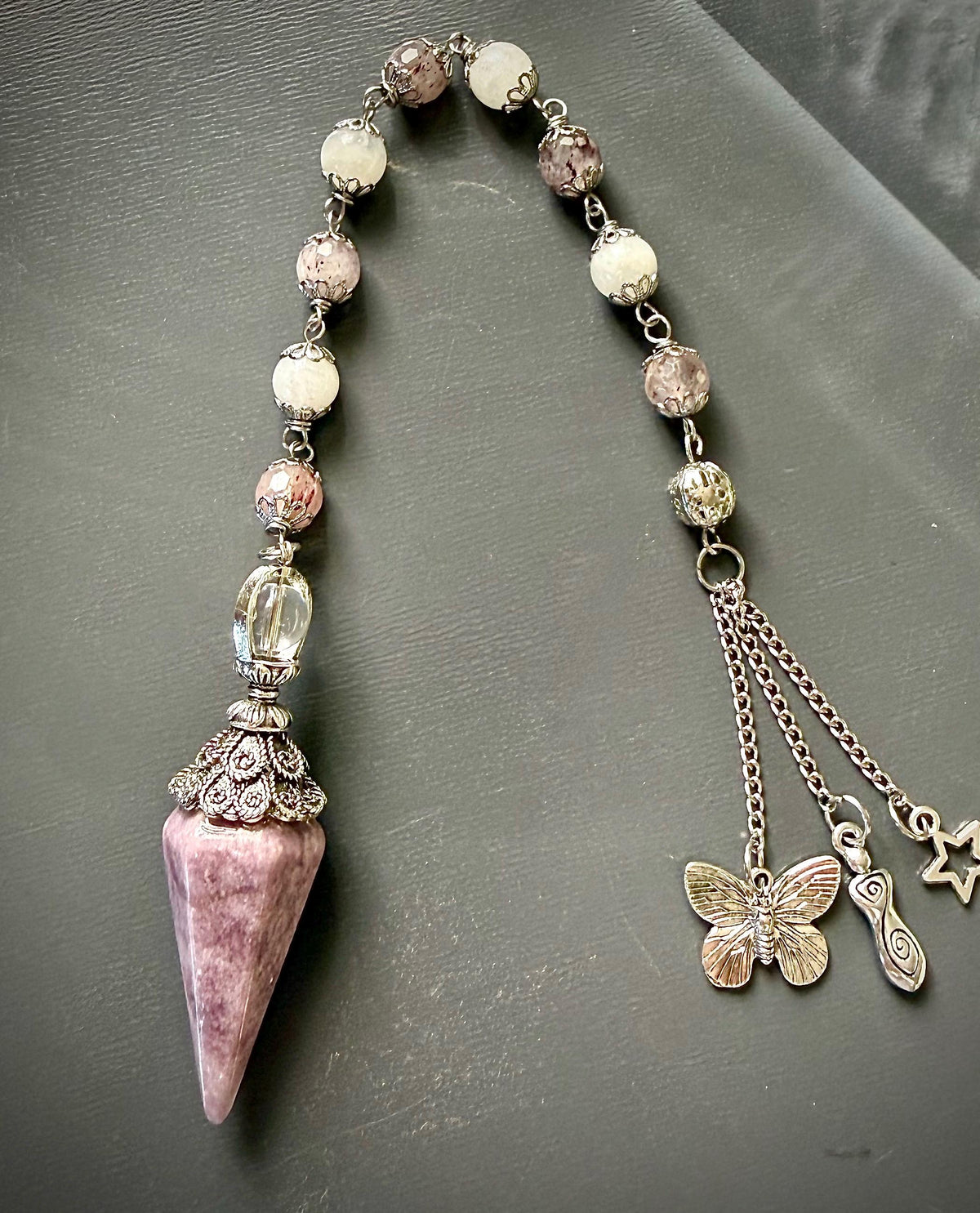 Handmade Lepidolite Point Pendulum with Strawberry Quartz and Moonstone Beads.