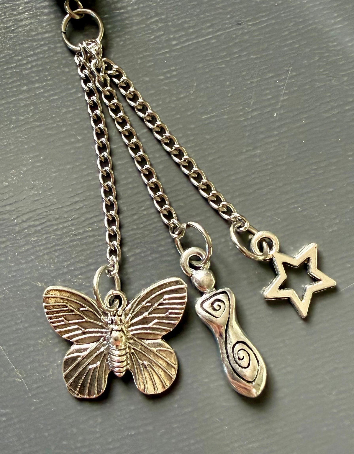 Handmade Lepidolite Point Pendulum with Strawberry Quartz and Moonstone Beads.