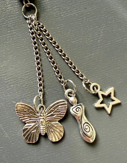 Handmade Lepidolite Point Pendulum with Strawberry Quartz and Moonstone Beads.