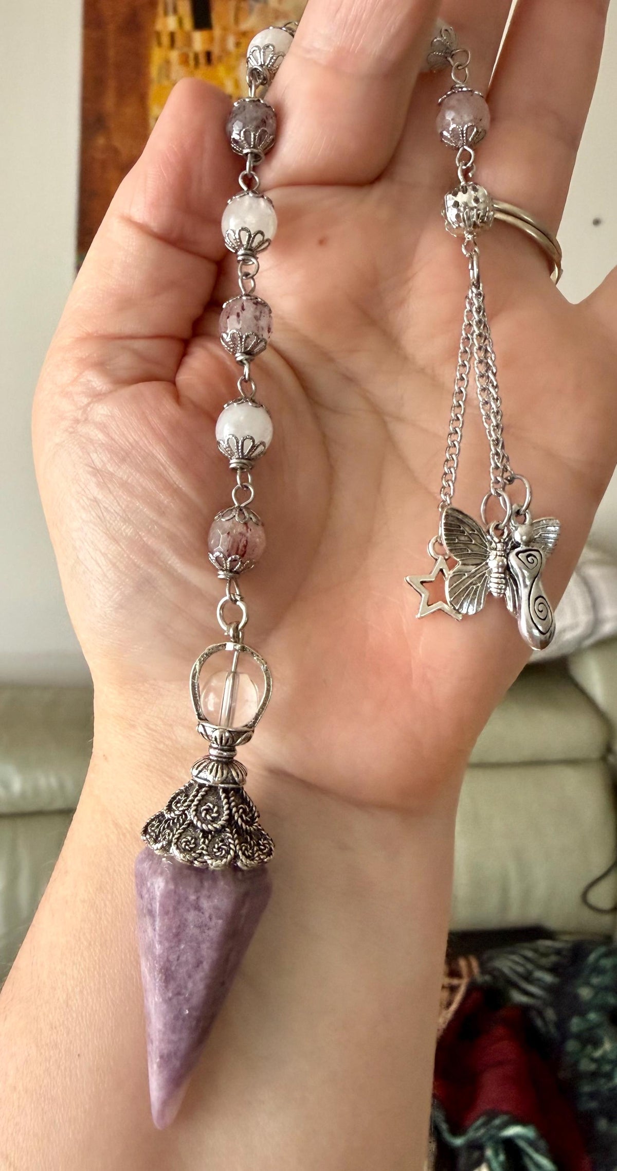 Handmade Lepidolite Point Pendulum with Strawberry Quartz and Moonstone Beads.