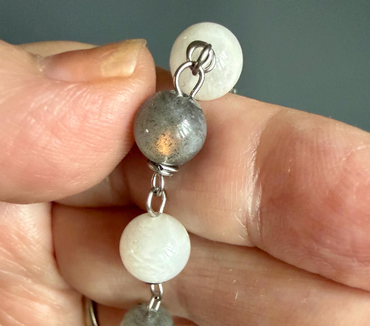Labradorite and Moonstone Beaded Pendulum with Triple Moon Charm.