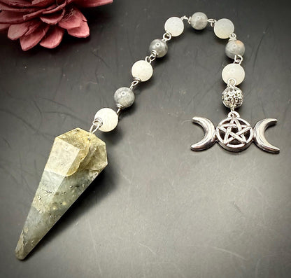 Labradorite and Moonstone Beaded Pendulum with Triple Moon Charm.