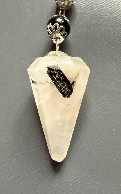 Handmade Tourmalated Quartz Pendulum with Triple Moon Charm.