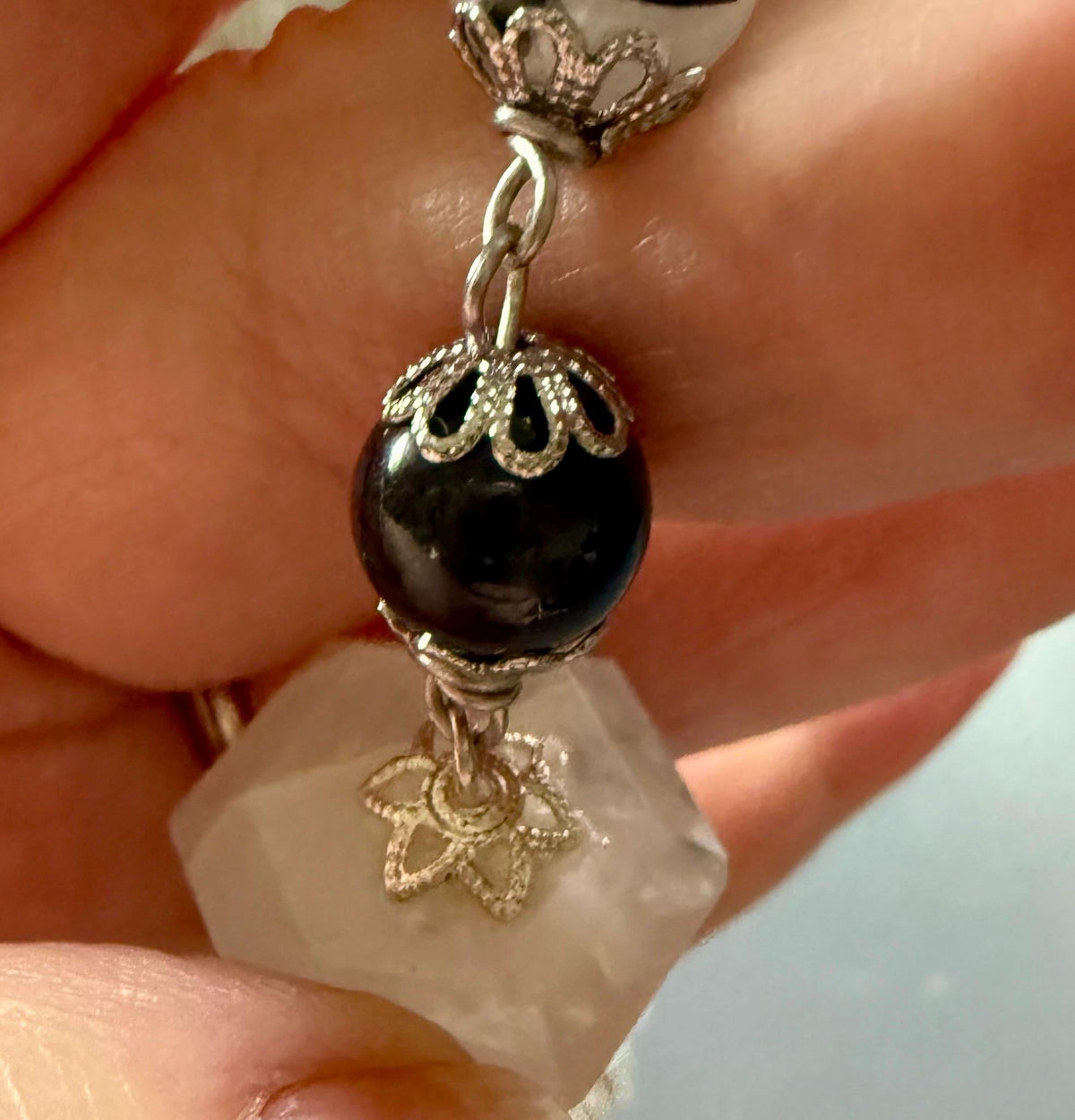 Handmade Tourmalated Quartz Pendulum with Triple Moon Charm.